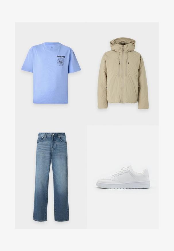 Beige pufferjakke med hætte, udstyret med en frontlynlås, elastiske snore og sidelommer. Konstrueret af letvægts, struktureret stof.; Lys blå bomulds t-shirt med korte ærmer, rund hals og sort "Ramones" logo tryk på venstre brystområde. Glat tekstur.; Blå denimjeans med lige ben, med en falmet vask, bælteløkker, fem lommer og en klassisk knaplukning.; Hvide sneakers lavet af glat syntetisk materiale, med flade snørebånd, perforeret tå og en gummisål med et tekstureret grebmønster.