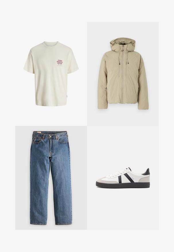 Beige puffer jakk, millel on kapuuts, ees lukuga, elastsete tõmblukkude ja küljetaskutega. Valmistatud kerge tekstuuriga kangast.; Valge lühikeste varrukatega T-särk, millel on vasakul rinnal punane tekst "Studio Originals Edition", esitatud neutraalsel hallil taustal.; Sinine denimist sirgedega teksad, millel on kõrge vöökoht, vaskne kinnitus ja oranž õmblus. Esiküljel ja taga on taskud.; Valged tossud mustade ja hallide aktsentidega, tekstureeritud halli varbakattega, musta kummitald ja lamedad valged paelad. Puhtad jooned, minimalistlik stiil.