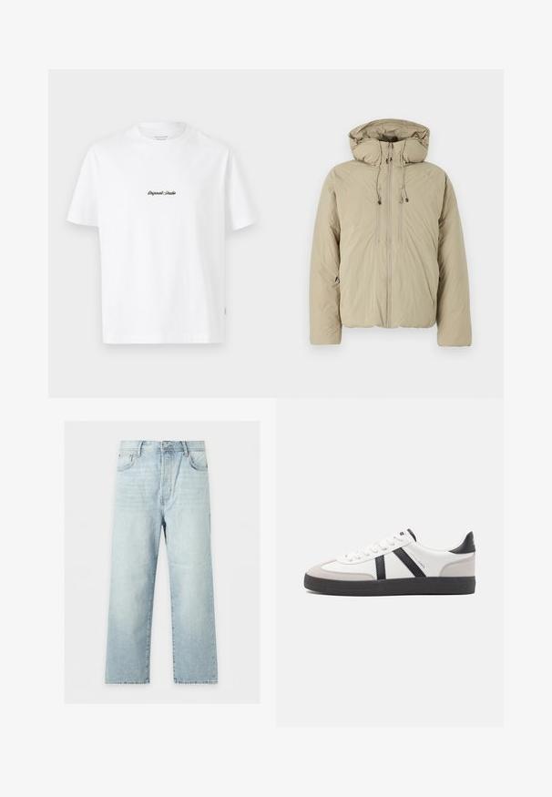 Beige pufferjakke med hætte, udstyret med en frontlynlås, elastiske snore og sidelommer. Konstrueret af letvægts, struktureret stof.; Hvid bomulds t-shirt med korte ærmer, der har et lille sort "Originals Studio" logo på brystet og et tekstureret mærke på kanten.; Lyseblå jeans med brede ben, fem lommer, knap- og lynlåslukning samt let falmet vask, lagt fladt på en hvid baggrund.; Hvide sneakers med sorte og grå detaljer, med en tekstureret grå tåhætte, sort gummisål og flade hvide snørebånd. Rent design, minimalistisk stil.