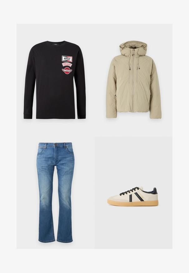 Chaqueta acolchada beige con capucha, que presenta un cierre frontal de cremallera, cordones elásticos y bolsillos laterales. Fabricada con un tejido ligero y texturizado.; Camisa de manga larga negra con tres parches rojos y blancos en el lado izquierdo del pecho que dicen "REPLAY", "SPECIALIST" y un emblema con alas.; Vaqueros de denim azul con pierna ligeramente acampanada, cierre frontal de botones y cremallera, y desgaste en muslos y rodillas.; Zapatillas casuales en crema con rayas negras, con parte superior texturizada y suela de goma. Los cordones son negros. Logo sutil en el costado.