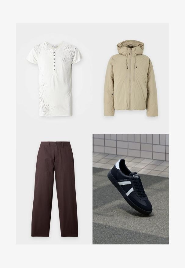 Doudoune beige avec capuche, dotée d'une fermeture éclair à l'avant, de cordons de serrage élastiques et de poches latérales. Construite en tissu léger et texturé.; T-shirt blanc à manches courtes avec un motif texturé de cuir de serpent et une patte de boutonnage comportant des boutons gris foncé le long du centre.; Wrangler WORK PANT - Pantalon classique - mole; Sneaker en cuir noir avec des rayures blanches, semelle en caoutchouc texturée et devant à lacets. Présente une étiquette de marque sur la languette.