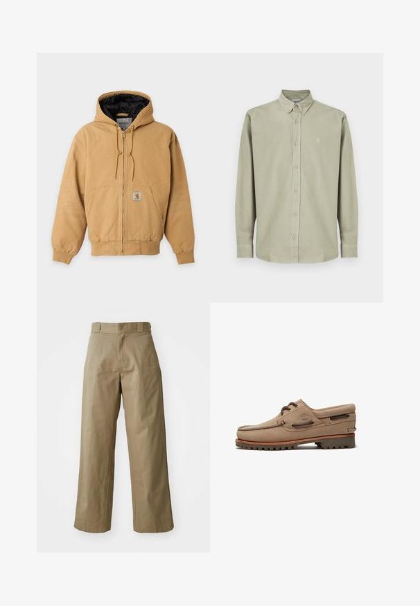 Beige lynlåstrøje med hætte med sort indvendigt foer, forlommer, snor til hætten og en synlig mærke-logo patch på forlommen.; Lysgrøn langærmet skjorte med knapper og standard krave, fremhævet af et brystlogo, knapmanchetter og et glat bomuldsstof.; Khaki bredde ben bukser lavet af bomuldsblandingsstof, med en enkelt knaplukning og synlige sidelommer. Glat tekstur, plisseret detalje.; Beige ruskind bådsko med snørebånd, robust sål, lædersnører og polstret krave, der viser Timberland-logoet på siden.