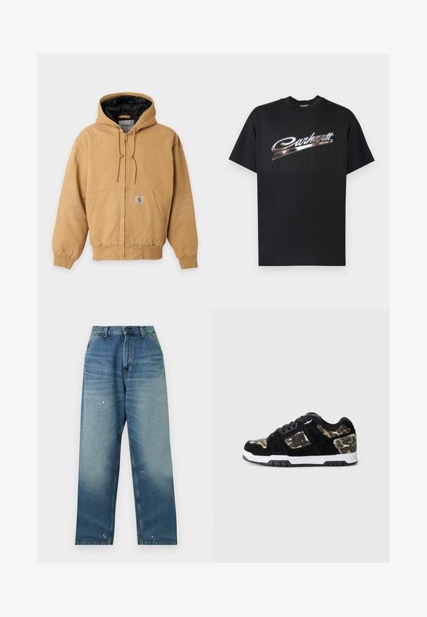Beige capuchonvest met ritssluiting, zwarte binnenvoering, voorzakken, trekkoord in de capuchon en een zichtbaar merklogo op het voorzakje.; Zwart katoenen T-shirt met een glanzend "Carhartt"-logo in gestileerde zilveren letters op de borst, korte mouwen en een ronde hals.; Blauwe denim jeans met wijde pijpen, voorzakken, knoopsluiting, vervaagde details en kleine witte verfsprenkels aan de voorkant en op de pijpen.; Zwarte suède sneaker met een camouflagemotief aan de zijkant, witte tussenzool en zwarte rubberen zool. Bevat veters en logo-details aan de zijkant.