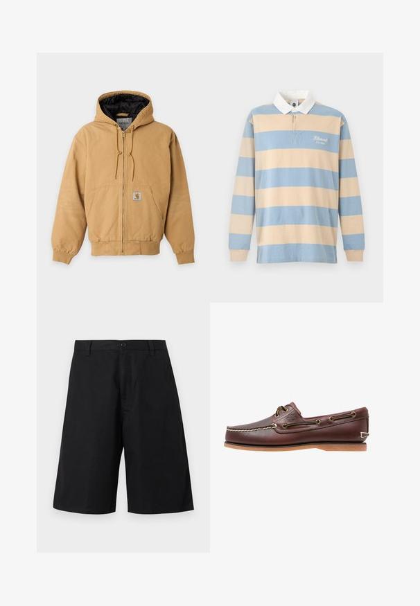 Veste à capuche beige zippée avec doublure intérieure noire, poches avant, cordon de serrage à la capuche et écusson visible avec le logo de la marque sur la poche avant.; Maillot de rugby à manches longues avec larges rayures horizontales beige et bleu clair, col blanc et texte "Element Co. 1992" sur la poitrine.; Shorts noirs longueur genou avec passants de ceinture, fermeture par bouton et devant uni sur un fond neutre.; Chaussure bateau en cuir marron avec coutures blanches, détails de lacets et semelle en caoutchouc beige, vue de côté sur fond blanc.