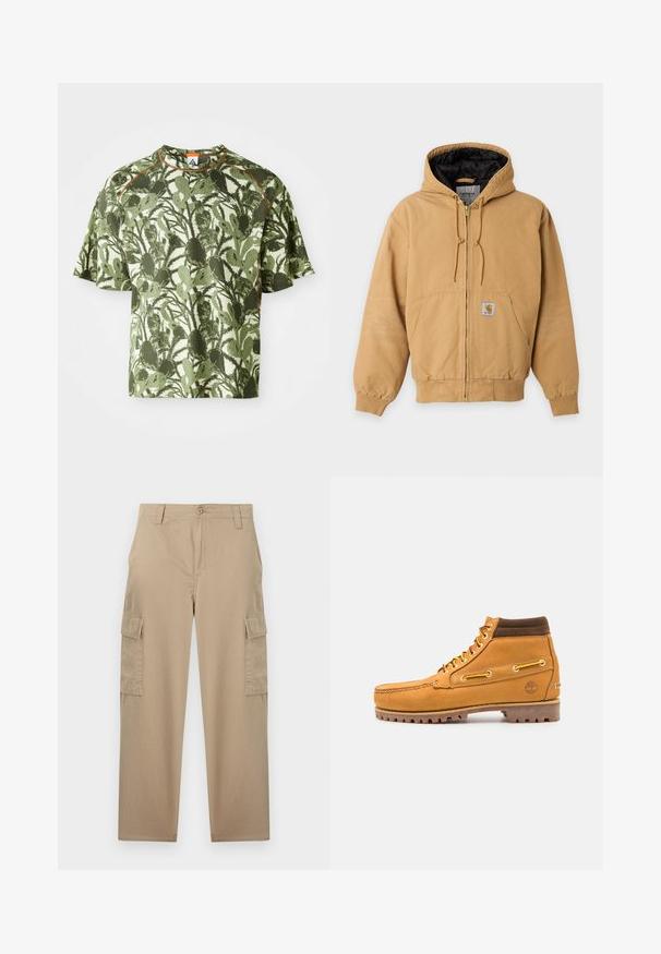 Chaqueta con capucha y cremallera en color beige, forro interior negro, bolsillos delanteros, capucha con cordón y parche visible con el logo de la marca en el bolsillo delantero.; Camiseta de manga corta verde con un patrón de hojas texturizado, con un acento naranja en el cuello y un corte relajado. Fabricada con un material transpirable.; Pantalones cargo beige de pierna recta con cierre de botón, presillas para cinturón, bolsillos delanteros y bolsillos con solapa en ambos muslos.; Timberland AUTHENTIC MID LACE BOOT - Botines con cordones - wheat
