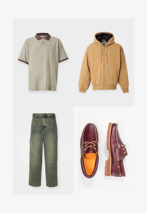 Veste à capuche beige zippée avec doublure intérieure noire, poches avant, cordon de serrage à la capuche et écusson visible avec le logo de la marque sur la poche avant.; Polo à manches courtes avec fines rayures horizontales beige, bleues et jaunes, col et bordures des manches marron, patte à deux boutons.; Jeans en denim ample avec un délavage bleu et vert. Comprend une fermeture à bouton, des passants de ceinture et des poches latérales. Pas de pli à l'avant et design à jambe droite.; Chaussures en cuir bourgogne avec semelles en caoutchouc marron, bout rond, couture blanche et œillets dorés. L'intérieur présente une doublure jaune.