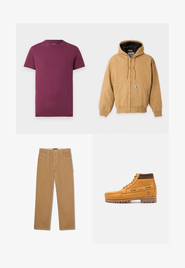 Chaqueta con capucha y cremallera en color beige, forro interior negro, bolsillos delanteros, capucha con cordón y parche visible con el logo de la marca en el bolsillo delantero.; Camiseta de manga corta burdeos de algodón, con cuello redondo y un pequeño logo bordado en el lado izquierdo del pecho. Textura suave.; Pantalones marrón claro de corte recto con botón y cremallera delanteros, bolsillos delanteros y de moneda, y costuras blancas visibles.; Timberland AUTHENTIC MID LACE BOOT - Botines con cordones - wheat