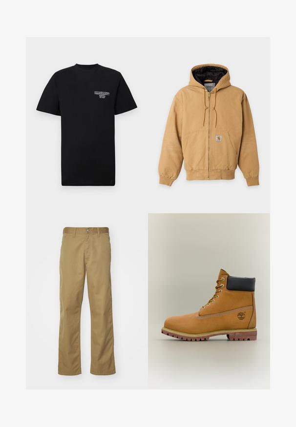 Chaqueta con capucha y cremallera en color beige, forro interior negro, bolsillos delanteros, capucha con cordón y parche visible con el logo de la marca en el bolsillo delantero.; Camiseta de algodón negra con mangas cortas y cuello redondo, que presenta un logo impreso en blanco en el lado izquierdo del pecho. Textura suave, ajuste estándar.; Chinos caqui con diseño de pierna recta, elaborados en una suave tela de algodón. Cuentan con un cierre frontal de botón y bolsillos laterales.; Bota de tobillo de cuero marrón con cuello negro, cordones amarillos y suela beige. Presenta un logotipo y detalles de costura blanca. Suela exterior con tracción robusta.