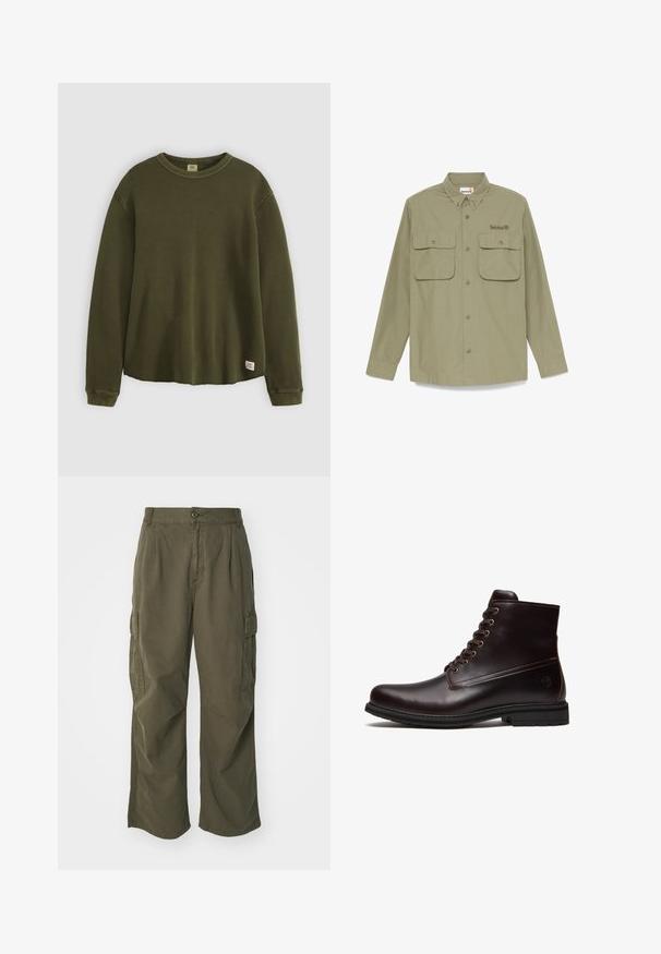 Camisa caqui de manga larga con botones, dos bolsillos frontales con solapa y un pequeño logotipo de Timberland bordado en el bolsillo del pecho izquierdo.; Suéter de manga larga en verde oliva, confeccionado en un material texturizado y acanalado, con cuello redondo, corte relajado y una pequeña etiqueta de la marca en el dobladillo inferior.; Pantalones cargo en verde oliva, fabricados en algodón, con un diseño de pierna ancha, pliegues y bolsillos laterales para mayor utilidad.; Bota corta de cuero marrón oscuro con cordones, suela de goma y logo sutil en relieve cerca del talón, vista desde el lado exterior.