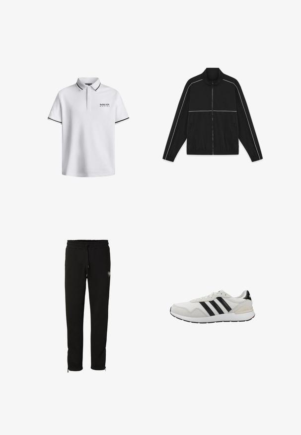 Zwarte trainingsjas met ritssluiting, witte biezen langs de mouwen en borst, elastische boorden en zoom, en ritssluitzakken aan beide zijden.; Witte poloshirt met een klassieke kraag, korte mouwen, voorzien van zwarte accenten op de mouwen en het "Red Bull Racing" logo op de borst.; Zwarte slim-fit joggingbroek met elastische tailleband, trekkoord, zijzakken, klein logo-patch op het rechterdijbeen en enkelritsen.; Witte sportschoenen met zwarte strepen. Gemaakt van mesh en suède, voorzien van een rubberen zool en een gevoerde kraag voor comfort. Klassiek ontwerp.