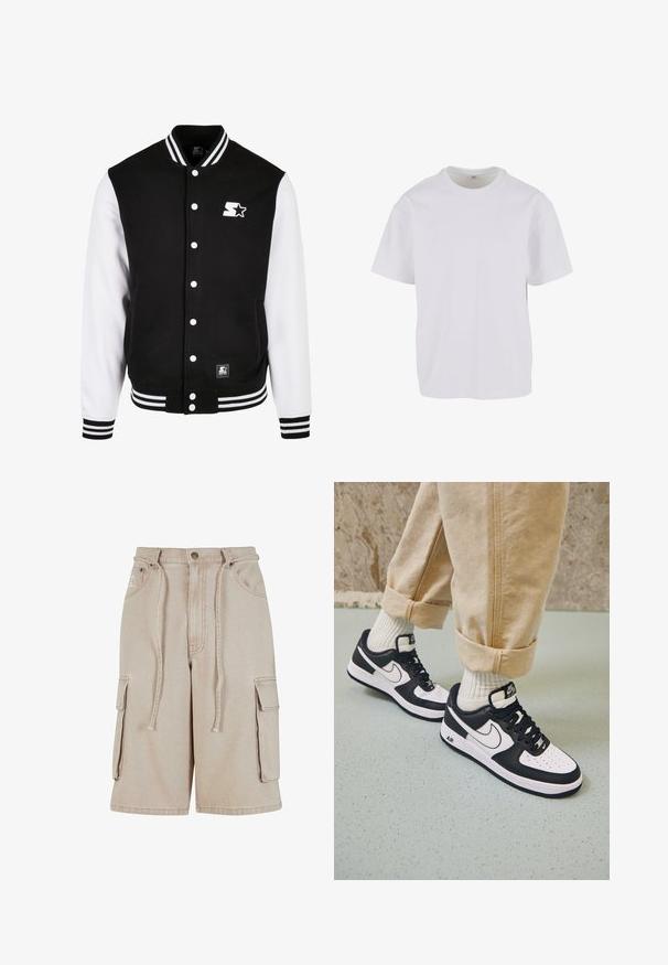 Chaqueta varsity en blanco y negro con cierre de botones, puños y cuello de canalé. Presenta un logotipo bordado y muñequeras con patrón.; Camiseta blanca de manga corta hecha de algodón suave, con un cuello redondo y un corte relajado con dobladillo recto. Sin patrones ni acentos visibles.; Pantalones cortos cargo beige de algodón con cintura con cordón, dos bolsillos laterales y un bolsillo lateral adicional, que presentan detalles de costura visibles.; Zapatillas Nike Air Force 1 en blanco y negro con parte superior de cuero, puntera perforada y detalle de suela texturizada, combinadas con pantalones beiges remangados y calcetines blancos.