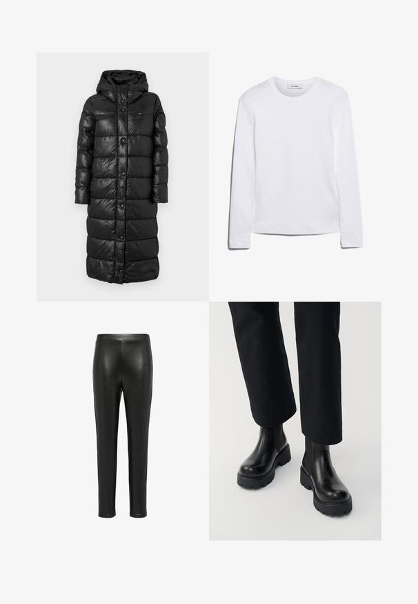 Manteau d'extérieur noir matelassé avec capuche, finition brillante, boutons sur le devant et longueur mi-mollet avec sections matelassées pour l'isolation.; T-shirt blanc à manches longues en coton côtelé, avec un col rond et un ourlet droit. Design simple sans motifs ni accents.; Legging en cuir noir au design ajusté, texture lisse et taille haute. Les jambes s'effilent jusqu'à la cheville, sans quincaillerie visible.; Personne portant des bottines en cuir noir à semelle épaisse, associées à un pantalon noir à jambes droites sur fond blanc.