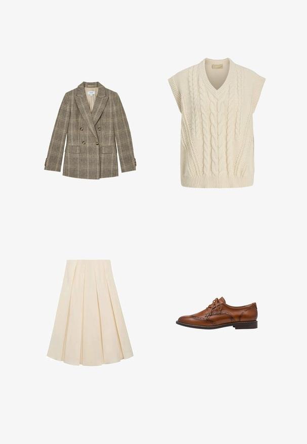Brun dobbeltradet ternet blazer med notch revers, fire knapper på hver ærmekant og to forlommer med klap.; Flødefarvet ærmeløs strikket sweatervest med kabelstrikket mønster og V-hals.; Plisseret nederdel i cremefarvet stof; har en blød tekstur, mellemlang design og symmetriske plisseringer, der strækker sig fra taljen til kanten.; Brun læder brogue oxford sko med vingetip detaljer, perforeringer, snørebånd og lav stablet hæl på hvid baggrund.