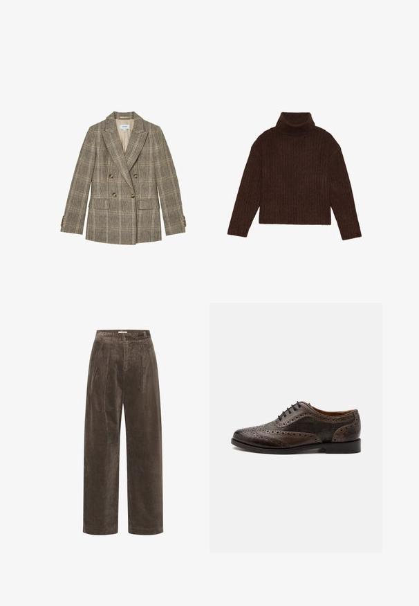 Blazer marrón de cuadros de doble botonadura con solapas con muesca, cuatro botones en cada puño de la manga y dos bolsillos delanteros con solapa.; Jersey marrón con cuello alto de canalé, de mangas largas y silueta cortada, que presenta un diseño de punto grueso y texturizado.; Pantalones de pana marrón de pierna ancha con pliegues, que presentan una textura suave y una cintura de altura media. Los acabados del dobladillo son limpios y rectos.; Zapato brogue de punta alada de cuero marrón oscuro con detalles perforados y paneles de tela a cuadros, suela negra y cordones negros.