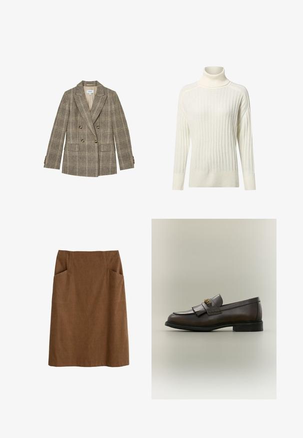 Bruine geruite dubbelrijige blazer met inkeping revers, vier knopen op elke manchetten en twee voorzakken met klep.; Crème-kleurige turtleneck trui met een ribbelstructuur, lange mouwen en een relaxte fit, met subtiele kleurvariaties doorheen.; Bruine katoen rok met een aansluitende taille, twee zijzakken en een rechte snit. De stof heeft een zachte textuur en een subtiele glans.; Donkerbruine leren loafer met franjes en gouden gesp op zwarte zool, gezien van opzij tegen een neutrale achtergrond.