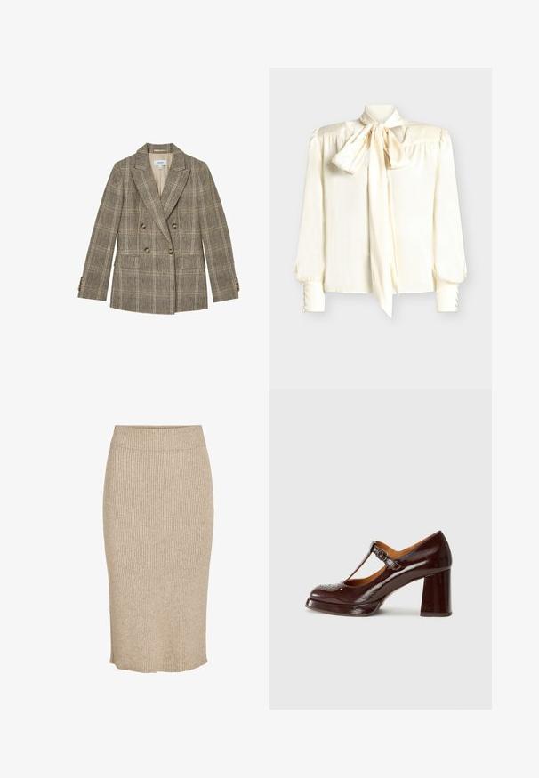 Blazer marrón de cuadros de doble botonadura con solapas con muesca, cuatro botones en cada puño de la manga y dos bolsillos delanteros con solapa.; Blusa color crema con cuello de lazo, mangas largas con detalles de botones en los puños y textura suave y brillante.; Falda de punto en color beige claro con textura de canalé vertical, de longitud a la rodilla, con cintura elástica y corte recto.; Chie Mihara KAYLA - Tacones - sucre choco/kimera leche