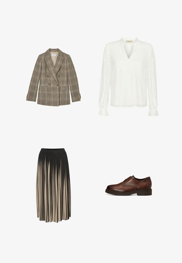 Bruine geruite dubbelrijige blazer met inkeping revers, vier knopen op elke manchetten en twee voorzakken met klep.; Witte blouse met lange mouwen, V-hals, complexe diamantpatroon textuur en gerimpelde manchetten. Gemaakt van lichtgewicht stof.; Plissé midi rok in zwart en beige met een hoge elastische tailleband, voorzien van verticale strepen en een vloeiende stijl voor beweging.; Bruine leren herenschoen met vetersluiting en lage hak, zijaanzicht op een witte achtergrond.