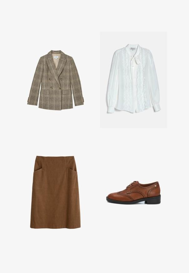 Blazer marrón de cuadros de doble botonadura con solapas con muesca, cuatro botones en cada puño de la manga y dos bolsillos delanteros con solapa.; Blusa blanca de manga larga con volantes verticales, cierre de botones en la parte delantera, mangas con puños y un lazo atado en el cuello.; Falda de algodón marrón con cintura ajustada, dos bolsillos laterales y corte recto. La tela tiene una textura suave y un brillo sutil.; Zapatos de cordones de piel marrón con detalles perforados, puntera redondeada y tacón de goma negra. Presentan una textura suave y un diseño discreto.