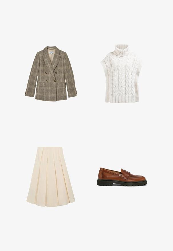 Brun dobbeltradet ternet blazer med notch revers, fire knapper på hver ærmekant og to forlommer med klap.; Kabelflettet turtleneck sweater i cremefarvet med korte ærmer og ribbet kant. Har struktureret mønster og åbne stingdetaljer.; Plisseret nederdel i cremefarvet stof; har en blød tekstur, mellemlang design og symmetriske plisseringer, der strækker sig fra taljen til kanten.; Brune læderloafers med tekstureret detalje; rund tå og syninger; robust sort gummiydersål for godt greb.