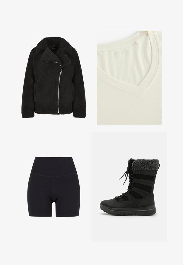 Zwarte sherpa fleecejas met brede kraag en asymmetrische zilveren ritssluiting, ontworpen voor warmte en casual draagcomfort.; Korte mouwen, V-hals t-shirt in off-white, gemaakt van een zachte stof met een gladde textuur; heeft een subtiel logo nabij de halslijn.; Zwarte high-waisted shorts gemaakt van rekbaar materiaal. Voorzien van een elastische tailleband, een gladde textuur en een lengte tot halverwege de dij met een naadloos ontwerp.; Zwarte waterdichte laars met een suédé buitenkant, een met fleece gevoerde kraag en elastische veters. Voorzien van een gestructureerde rubberen zool voor grip en ondersteuning.
