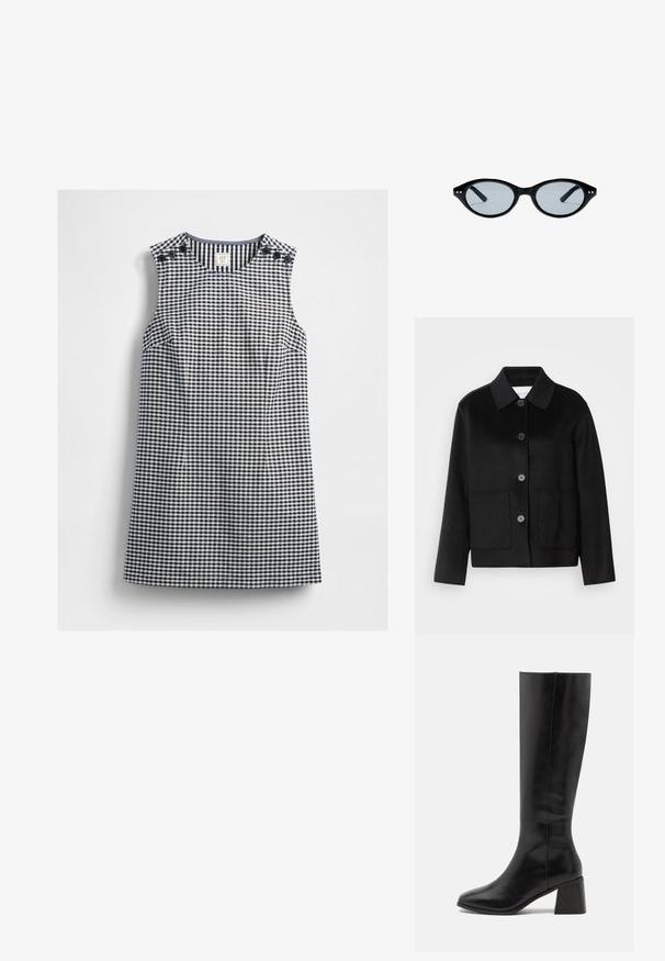 Sort uldjakke med kraveudskæring, knaplukning og to forlommer. Har et struktureret design og ærmer med lige snit.; Ærmeløs navy og hvid gingham kjole med rund halsudskæring og knapdetaljer på begge skuldre, lagt fladt på en hvid baggrund.; ONLY SHOES ONLBIJOU KNEE HIGH BOOT - Høje støvler/ Støvler - black; Sorte ovale solbriller med tynde stel og små gyldne prikker nær hængslerne med lettonede linser.