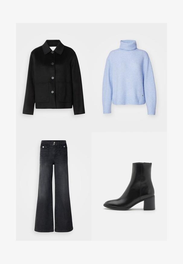 Zwarte wollen jas met een kraag, knoopsluiting en twee voorzakken. Heeft een gestructureerd ontwerp en recht gesneden mouwen.; Mos Mosh THORA ROLLNECK - Trui - blue; Zwarte denim wijd uitlopende jeans met een hoge taille, voorste knopen en twee voorzakken; soepele textuur met een lichte vervaging.; Zwarte leren enkelboot met een ronde neus, een blokhak van gemiddelde hoogte en een gladde afwerking. Voorzien van een discrete zijrits.