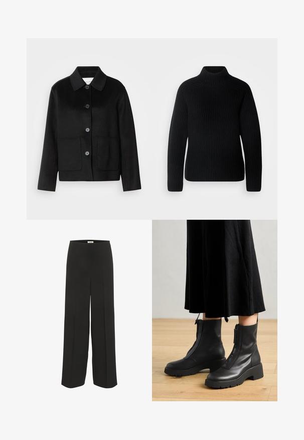 Sort uldjakke med kraveudskæring, knaplukning og to forlommer. Har et struktureret design og ærmer med lige snit.; Sort turtleneck sweater lavet af ribbet stof. Har lange ærmer og et tætsiddende design med en højere halsudskæring. Blød tekstur.; Sorte bukser med vid ben, høj talje og subtile pressede detaljer, designet til en afslappet og elegant pasform.; Sorte læder ankelstøvler med en kraftig platformsål og en frontlynlås. Glat tekstur med et minimalistisk design.