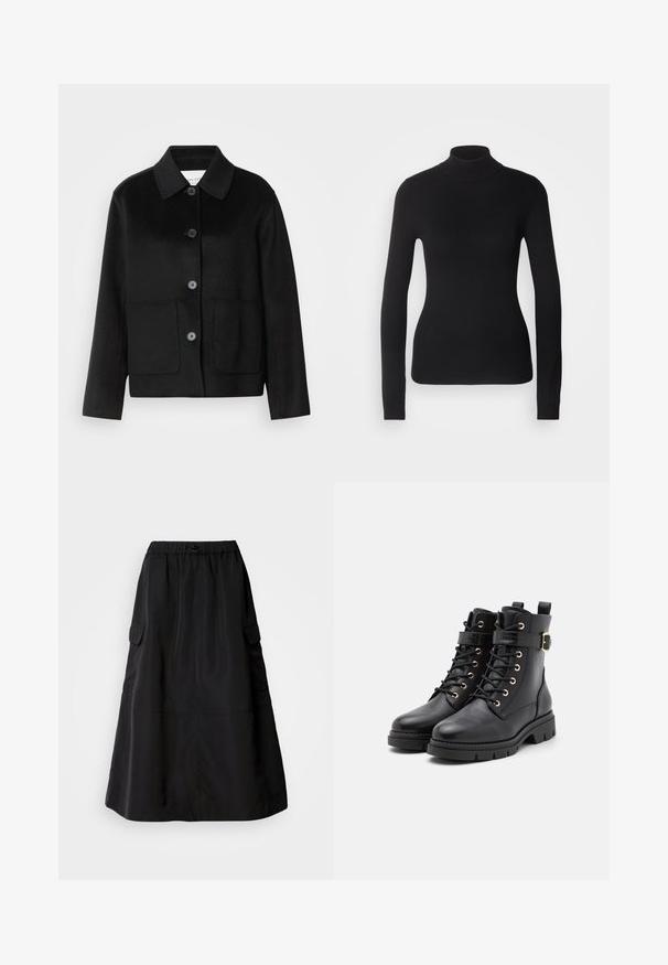Veste en laine noire avec un col à revers, fermeture par boutons et deux poches avant. Présente une coupe structurée et des manches droites.; Pull à col roulé noir en maille légère. Il possède des manches longues, une coupe ajustée et une texture côtelée douce.; Jupe noire à coupe décontractée, en tissu lisse. Elle possède une taille élastique et deux poches cargo latérales. Design de longueur mi-mollet.; Bottes noires en cuir avec un bout rond, des lacets, œillets en or, un accent de boucle et une semelle épaisse et texturée.
