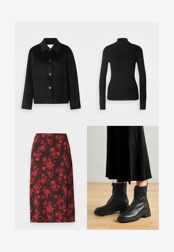 Veste en laine noire avec un col à revers, fermeture par boutons et deux poches avant. Présente une coupe structurée et des manches droites.; Pull à col roulé noir en maille légère. Il possède des manches longues, une coupe ajustée et une texture côtelée douce.; Anna Field by Zalando MIDI SPLIT - Jupe crayon - red/brown; Bottines en cuir noir avec une semelle plateforme épaisse et une fermeture éclair à l'avant. Texture lisse avec un design minimaliste.