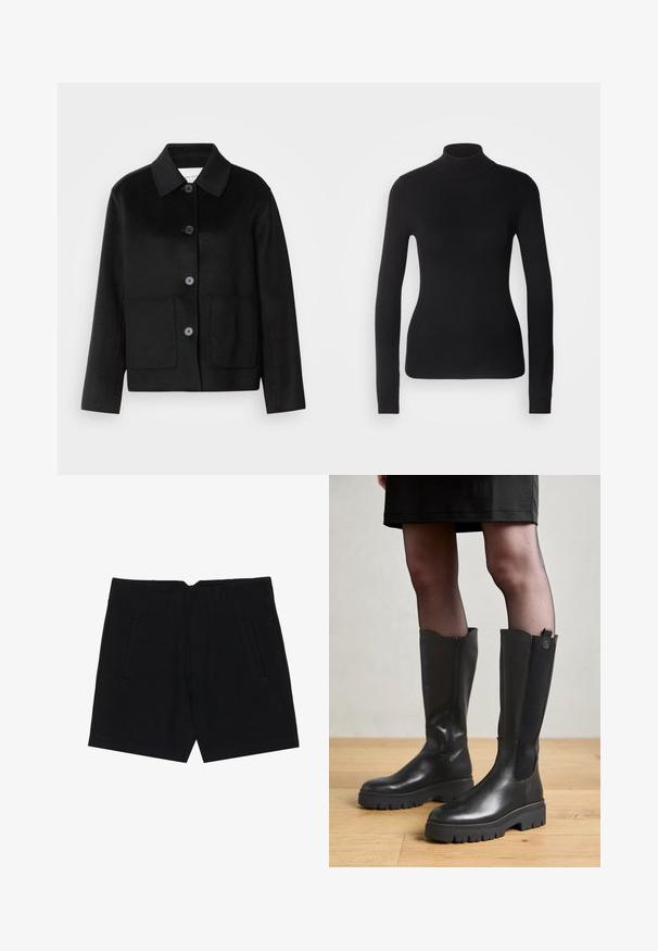 Veste en laine noire avec un col à revers, fermeture par boutons et deux poches avant. Présente une coupe structurée et des manches droites.; Pull à col roulé noir en maille légère. Il possède des manches longues, une coupe ajustée et une texture côtelée douce.; Shorts noirs en tissu lisse, avec des poches latérales, une coupe ajustée et des plis structurés à l'avant pour une silhouette épurée.; Bottes noires jusqu'au genou avec un extérieur en cuir lisse, des panneaux latéraux en élasthanne et une semelle en caoutchouc épaisse avec un motif de semelle texturé.