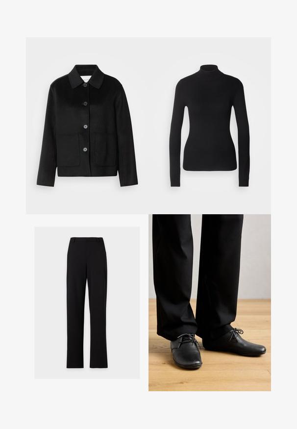 Chaqueta de lana negra con cuello con solapa, cierre de botones y dos bolsillos delanteros. Presenta un diseño estructurado y mangas de corte recto.; Suéter negro de cuello alto hecho de un tejido de punto ligero. Presenta mangas largas, un diseño ajustado y una suave textura acanalada.; Pantalones de vestir negros de corte recto con trabillas para cinturón y sin bolsillos visibles, mostrados sobre un fondo gris claro sencillo.; Persona con zapatos de vestir negros y pantalones negros de pie sobre un suelo de madera clara, frente a un fondo liso.