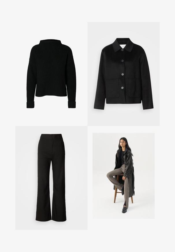 Sort uldjakke med kraveudskæring, knaplukning og to forlommer. Har et struktureret design og ærmer med lige snit.; Sort strikket sweater med høj hals, ribbet tekstur og lange ærmer. Har brede manchetter ved håndleddene og en afslappet pasform.; Sorte bukser med bred benvidde, glat tekstur, høj talje og et enkelt design. Ingen synlige lommer eller udsmykninger.; Sort læder trench coat med knapper og bælte detalje, parret med lysebrune tætsiddende bukser og sorte loafers, siddende på en træstol.