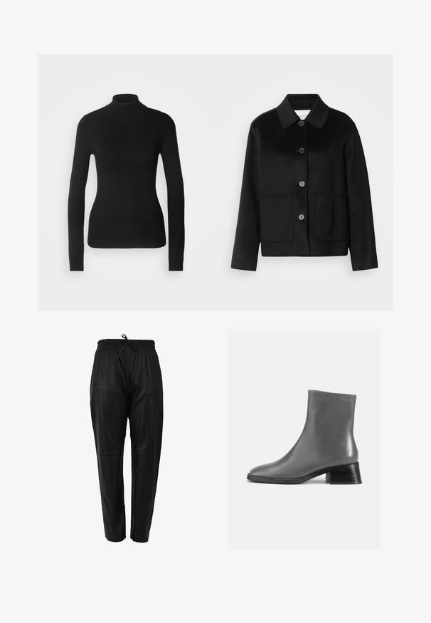 Sort uldjakke med kraveudskæring, knaplukning og to forlommer. Har et struktureret design og ærmer med lige snit.; Sort turtleneck sweater lavet af let strikket stof. Har lange ærmer, et tætsiddende design og en blød ribbet tekstur.; Sorte læderbukser med snøreliv, sidelommer og tætsiddende pasform. Glat tekstur med subtil glans.; Grå læder ankelstøvle med rund tå og en kort, stablet sort hæl. Glat tekstur med minimal detaljer.