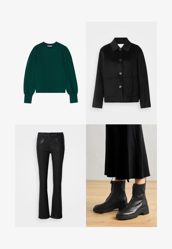 Schwarze Wolljacke mit Kragen, Knopfverschluss und zwei Fronttaschen. Verfügt über ein strukturiertes Design und gerade geschnittene Ärmel.; Grüner Pullover-Sweatshirt mit langen, schaumigen Ärmeln, gerippten Bündchen und Saum. Weicher Stoff mit glatter Textur. Rundhalsausschnitt.; Schwarze Schlagjeans aus Denim mit zwei Fronttaschen, einem Reißverschluss und dezenten Stickdetails an den Nähten.; Schwarze Lederstiefeletten mit einer dicken Plattformsohle und einem Reißverschluss vorne. Glatte Textur mit einem minimalistischen Design.