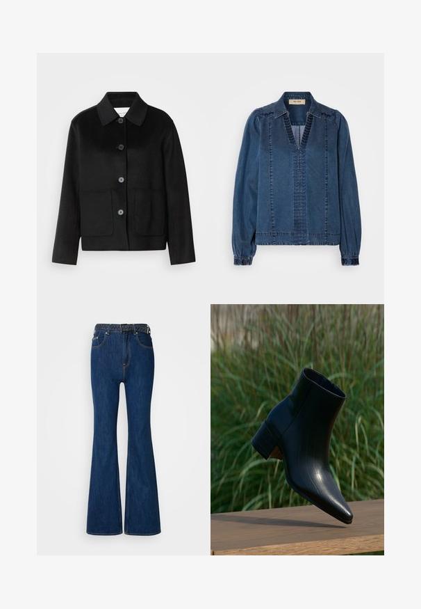 Sort uldjakke med kraveudskæring, knaplukning og to forlommer. Har et struktureret design og ærmer med lige snit.; Denimjakke i mørkeblå, med v-hals, sammenfoldede ærmer og teksturerede syninger. Designet med en afslappet pasform og strukturerede skuldre.; Blå denim flared jeans med høj talje, kontraststing og et vævet bælte med flettet design. Glat tekstur og klassisk stil.; Sort læderankelstøvle med spids tå og blokhæl, hvilende på træoverflade, høj grøn græs i baggrunden.