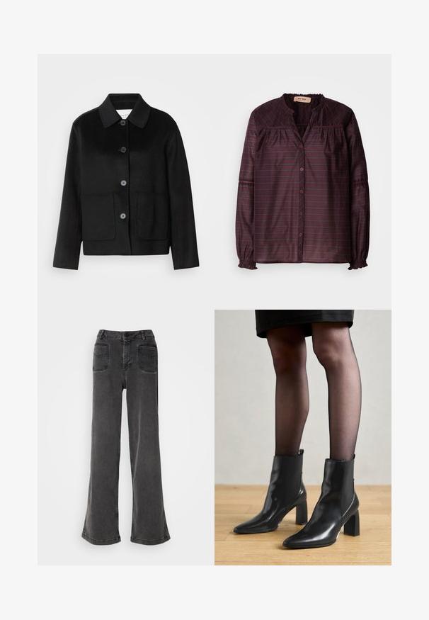 Sort uldjakke med kraveudskæring, knaplukning og to forlommer. Har et struktureret design og ærmer med lige snit.; Mos Mosh SHIRT - Bluse - fudge; Høj talje, brede ben sorte jeans lavet af denim, med knaplukning, bæltestropper og to baglommer med syninger.; Sorte læderankelstøvler med spids tå, kraftig firkantet hæl og slankt design. Har elastiske sidepaneler for nem påtagning.