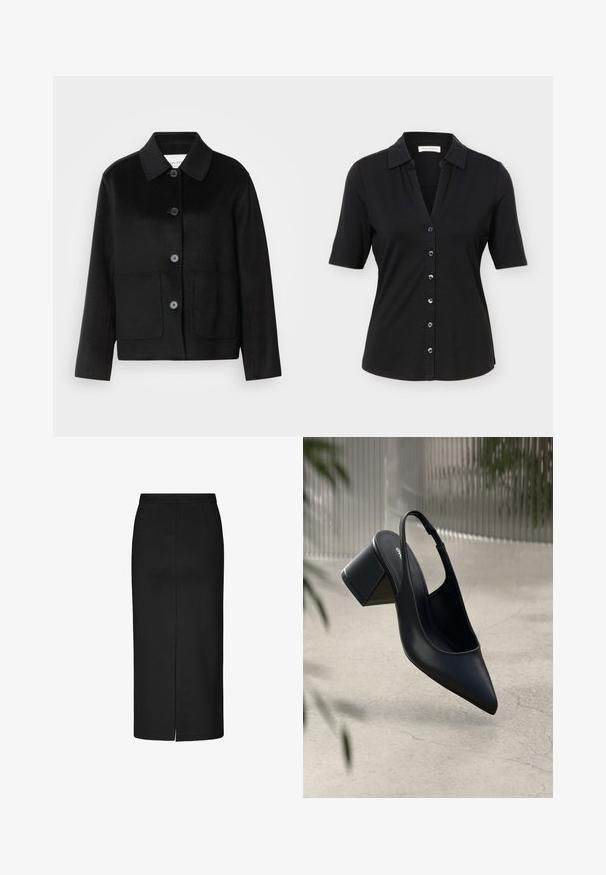 Chaqueta de lana negra con cuello con solapa, cierre de botones y dos bolsillos delanteros. Presenta un diseño estructurado y mangas de corte recto.; Camisa negra de manga corta con botones, cuello, seis botones al frente y una silueta ligeramente entallada.; Falda lápiz negra hecha de tela lisa, con un diseño a la altura de la rodilla, una discreta abertura lateral y costuras limpias. Sin patrones visibles ni adornos.; Zapato de tacón slingback de cuero negro con punta afilada y tacón cuadrado. Textura suave, diseño minimalista y correa ajustable en el tobillo.