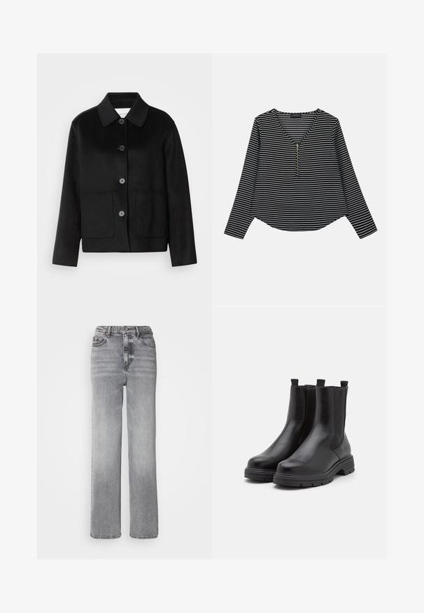 Schwarze Wolljacke mit Kragen, Knopfverschluss und zwei Fronttaschen. Verfügt über ein strukturiertes Design und gerade geschnittene Ärmel.; Schwarz-weißer gestreifter Langarm-Top mit V-Ausschnitt und einem Reißverschluss in der Mitte. Der Stoff wirkt glatt, mit einer lockeren, leicht verkürzten Passform.; Graue High-Waisted-Jeans mit geradem Bein, leichter Ausbleichung und klassischem Fünf-Taschen-Design sowie Metallknopfverschluss.; Schwarze Leder-Stiefeletten mit elastischen Seiteneinsätzen, runder Zehenform und dicker Gummisohle. Mit Zuglaschen für einfaches An- und Ausziehen.
