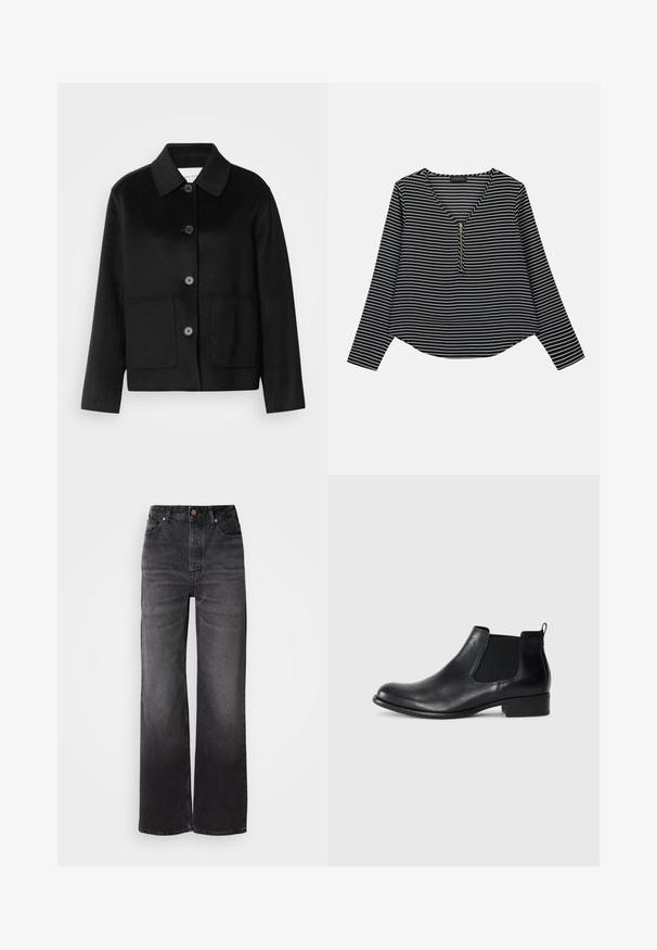 Veste en laine noire avec un col à revers, fermeture par boutons et deux poches avant. Présente une coupe structurée et des manches droites.; Haut à manches longues noir et blanc rayé avec un col en V et une fermeture éclair centrale. Le tissu semble lisse, avec une coupe décontractée et légèrement raccourcie.; Jeans en denim noir évasés à taille haute, cinq poches, fermeture à bouton et texture légèrement décolorée. Tissu épais avec une coupe structurée.; Bottine Chelsea en cuir noir avec des panneaux élastiques sur les côtés, bout arrondi, une languette à l'arrière et un petit talon carré. Texture lisse.