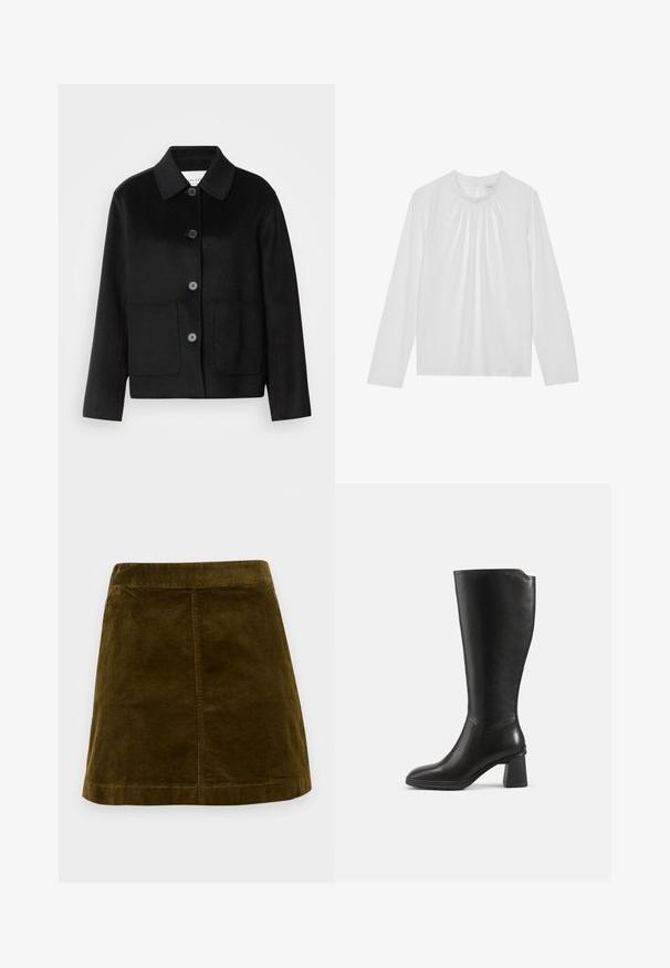Veste en laine noire avec un col à revers, fermeture par boutons et deux poches avant. Présente une coupe structurée et des manches droites.; Haut blanc à manches longues avec un col rond et des détails froncés autour du col. Fabriqué en tissu lisse et possède une ouverture en forme de clé au dos.; Jupe mini en velours côtelé marron avec des côtes verticales, coupe droite et ourlet net. Présente une taille simple sans embellissements.; Botte en cuir noire montant jusqu’au genou avec un talon bloc et un bout arrondi, vue de profil sur un fond uni.
