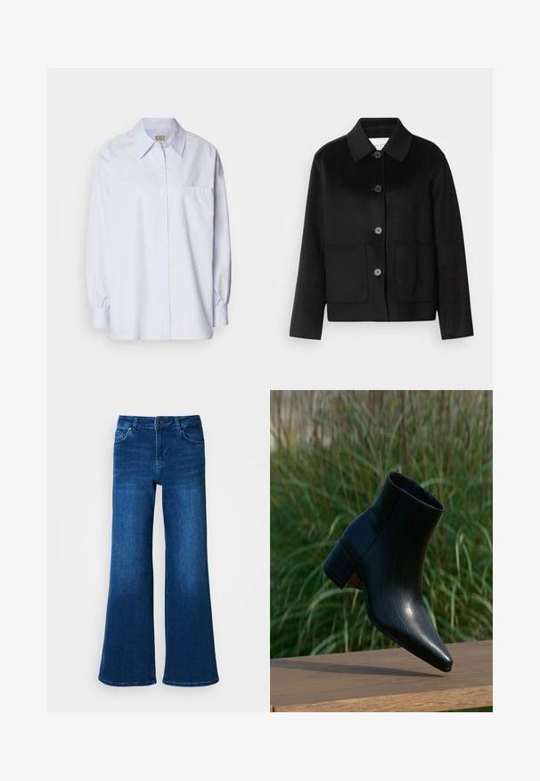 Zwarte wollen jas met een kraag, knoopsluiting en twee voorzakken. Heeft een gestructureerd ontwerp en recht gesneden mouwen.; Lichtblauw button-up shirt van katoen. Heeft een puntige kraag, lange mouwen en een enkele borstzak. Zachte textuur.; Blauwe denim wijde broek met hoge taille, heeft vijf zakken, knoop- en ritsluiting, en een gladde, gelijkmatige textuur.; Zwarte leren enkellaars met puntige neus en blokhak rustend op houten oppervlak, hoge groene gras op de achtergrond.