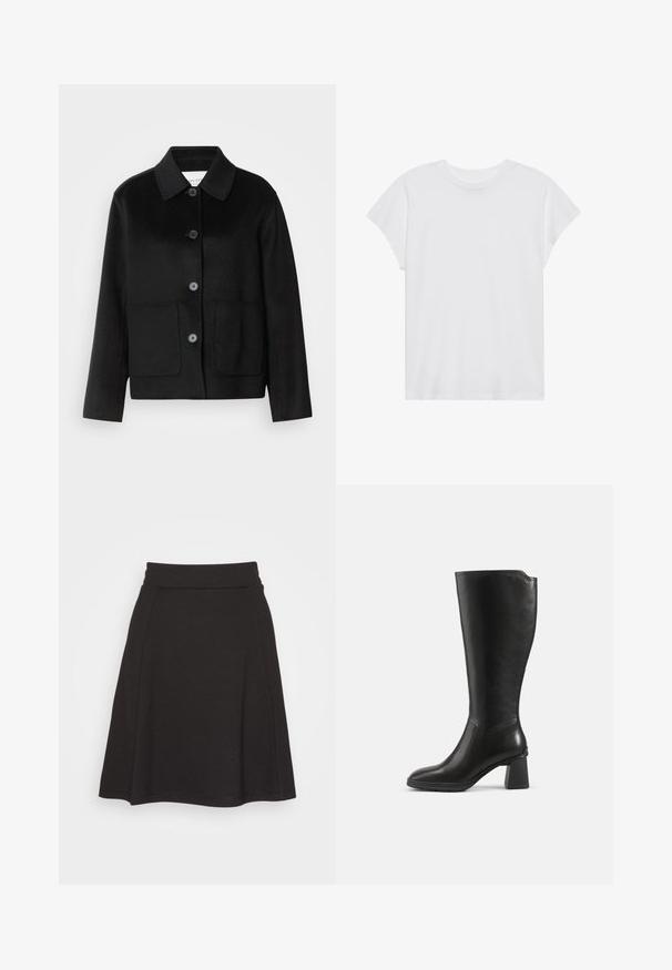 Veste en laine noire avec un col à revers, fermeture par boutons et deux poches avant. Présente une coupe structurée et des manches droites.; T-shirt blanc à manches courtes, col rond, coupe décontractée, en tissu de coton doux. Texture lisse, sans motifs ni logos.; Jupe noire évasée en tissu doux avec une texture lisse. Elle possède une large ceinture et arrive à mi-cuisse.; Botte en cuir noire montant jusqu’au genou avec un talon bloc et un bout arrondi, vue de profil sur un fond uni.