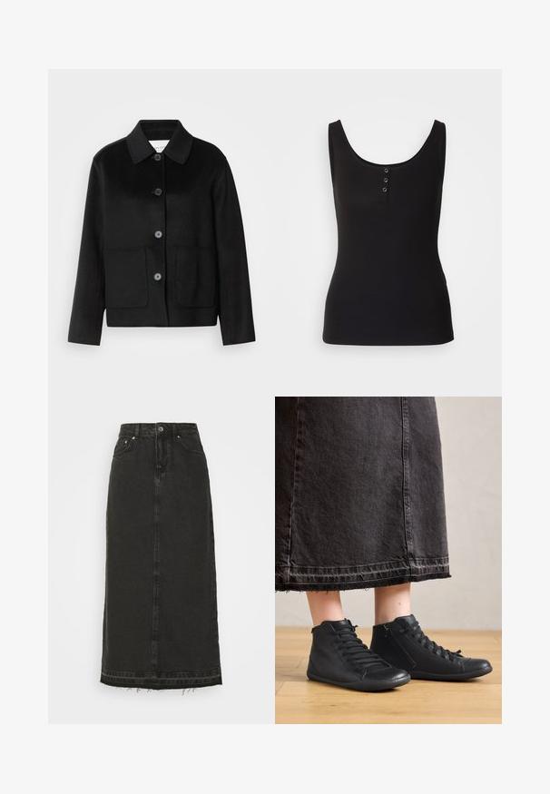 Schwarze Wolljacke mit Kragen, Knopfverschluss und zwei Fronttaschen. Verfügt über ein strukturiertes Design und gerade geschnittene Ärmel.; Schwarzes Tanktop aus geripptem Stoff mit Rundhals und drei metallischen Druckknöpfen an der Vorderseite. Glatte Textur, figurbetonte Schnittform.; Schwarzer Denim-Midirock mit tailliertem Bund, vorderem Knopfverschluss und ausgefranstem Saum. Verfügt über ein klassisches Fünf-Taschen-Design und eine leichte Textur.; Schwarze Leder-Hochschuhe mit glatter Oberfläche, ausgestattet mit Schnürsenkeln und einem seitlichen Reißverschluss. Getragen mit einem langen schwarzen Jeansrock.
