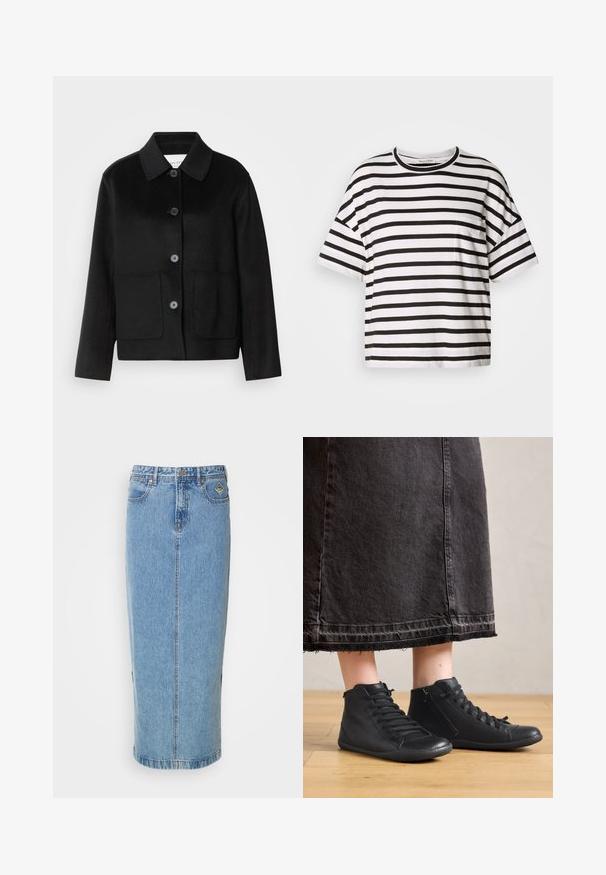 Sort uldjakke med kraveudskæring, knaplukning og to forlommer. Har et struktureret design og ærmer med lige snit.; Stribet sort og hvid T-shirt, korte ærmer, rund Halsudskæring, med en lille lomme på venstre side, lavet af blødt bomuldsstof.; Lysblå denim midi-nederdel med lige silhuet, frontknaplukning og sidelommer. Har diskret syning og et mærke patch.; Sorte læder høje sko med en glat overflade, der har snørebånd og en sidezipper. Båret med en lang sort denimnederdel.