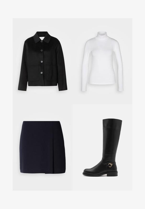 Zwarte wollen jas met een kraag, knoopsluiting en twee voorzakken. Heeft een gestructureerd ontwerp en recht gesneden mouwen.; Witte langemouwen turtle neck shirt van een soepel, rekbaar stof. Heeft een strakke pasvorm en een hoge kraag. Geen zichtbare patronen of accenten.; Een zwarte minirok met een rechte pasvorm, gemaakt van zacht stof, voorzien van een zijplooitje voor extra detail en een nette zoom.; Anna Field Wide Fit Laarzen - black