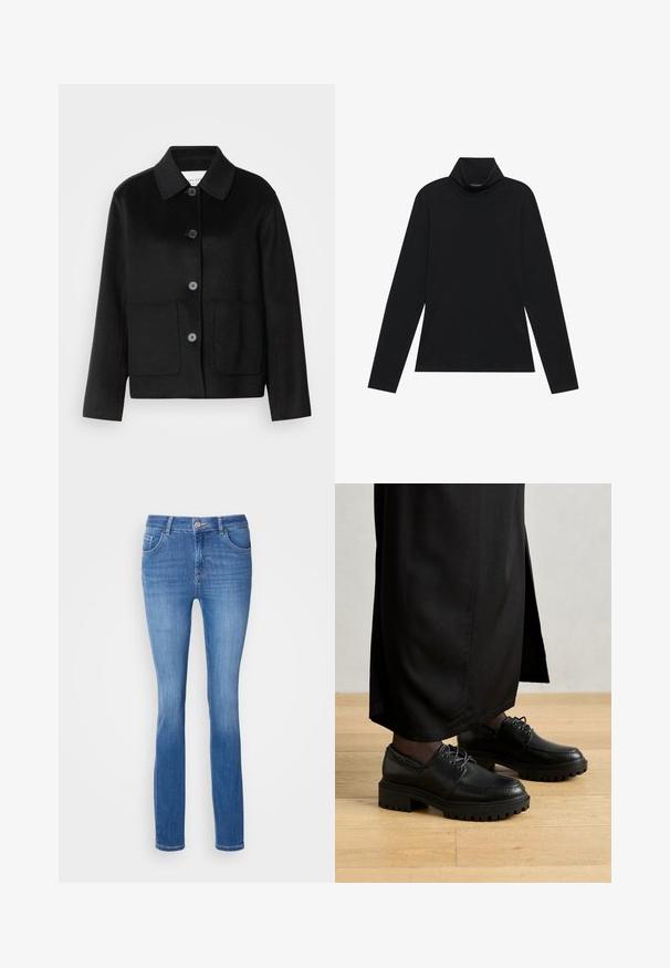 Sort uldjakke med kraveudskæring, knaplukning og to forlommer. Har et struktureret design og ærmer med lige snit.; Sort turtleneck med lange ærmer. Blødt stof, tætsiddende design, høj krave og sidesøm. Simpel og alsidig stil, der er velegnet til lag-på-lag.; Blå denim jeans med en tætsiddende pasform, fem lommer og et diskret falmet mønster. Fremstillet af blødt, strækbart stof med en standard knaplukning.; Sorte lædersko med rund tå, tyk gummisål og snørebånd. Designet har dekorativ syning langs overdelen.