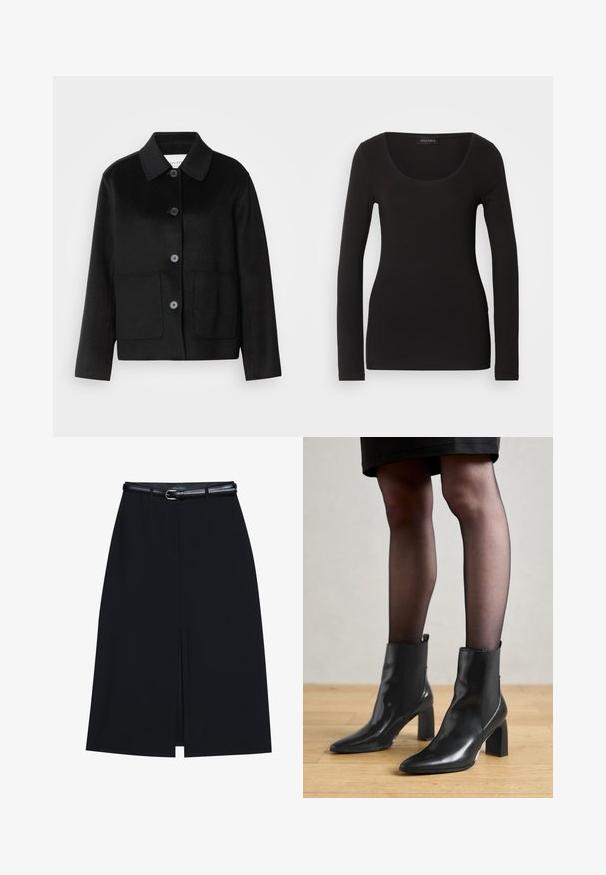 Veste en laine noire avec un col à revers, fermeture par boutons et deux poches avant. Présente une coupe structurée et des manches droites.; Haut noir à manches longues avec un décolleté en U, fabriqué en tissu doux et extensible. Présente une forme ajustée et une texture lisse. Étiquette de marque visible.; Jupe noire à mi-cuisse avec une fente frontale, fabriquée en tissu lisse. Comprend une fine ceinture noire avec une boucle en argent et des passants.; Bottines en cuir noir avec un bout pointu, un talon carré épais et un design élégant. Présente des panneaux latéraux élastiques pour un enfilage facile.