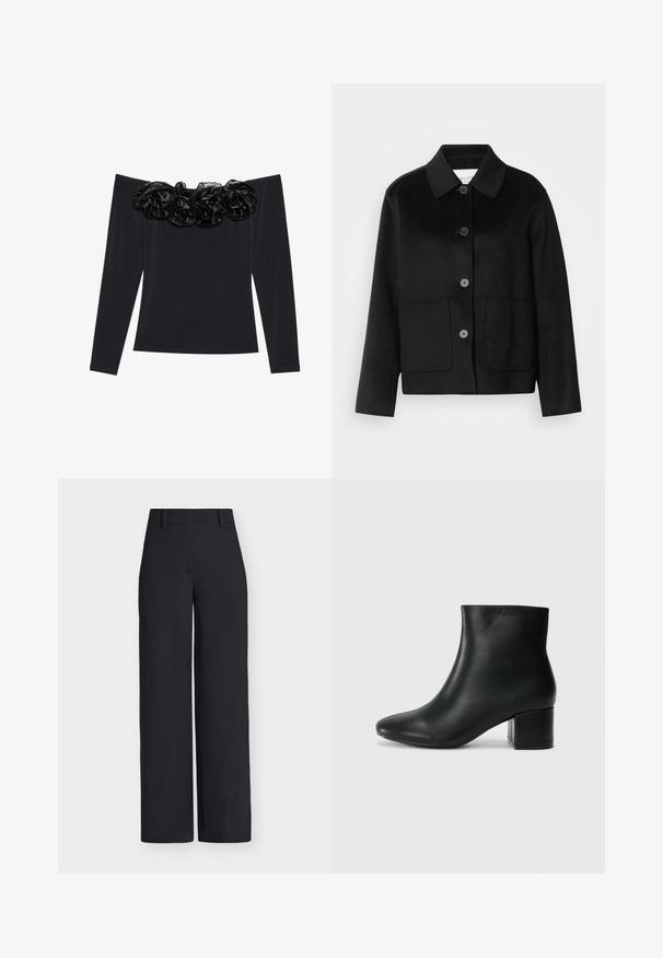 Sort uldjakke med kraveudskæring, knaplukning og to forlommer. Har et struktureret design og ærmer med lige snit.; Sort off-shoulder top med lange ærmer, der har en tekstureret blomsterkant i sort velour langs halsudskæringen.; Sorte bukser med høj talje og vide ben, med bæltestropper og skjult forlukning foran.; Sorte læder ankelstøvler med spids tå og en kraftig hæl. Glat tekstur med minimale detaljer og et slankt, tætsiddende design.