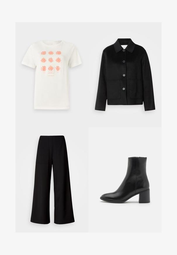 Veste en laine noire avec un col à revers, fermeture par boutons et deux poches avant. Présente une coupe structurée et des manches droites.; T-shirt en coton blanc arborant neuf motifs floraux en corail, avec "TOM TAILOR" imprimé en dessous dans une teinte assortie. Manches courtes, col rond.; Pantalons larges noirs avec une texture lisse, présentant deux poches arrière et une taille haute, offrant une silhouette décontractée.; Bottine en cuir noir avec un bout arrondi, un talon bloc de hauteur moyenne et une finition lisse. Dotée d'une fermeture éclair discrète sur le côté.