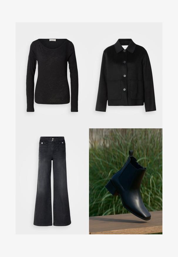 Chaqueta de lana negra con cuello con solapa, cierre de botones y dos bolsillos delanteros. Presenta un diseño estructurado y mangas de corte recto.; Blusa negra de manga larga hecha de una tela ligera y texturizada. Presenta un escote en forma de scoop y una silueta ajustada con un detalle mínimo.; Pantalones vaqueros de mezclilla negra de pierna ancha con una cintura alta, botones en la parte frontal y dos bolsillos delanteros; textura suave con un ligero acabado desvanecido.; Botín de cuero negro con tacón grueso equilibrado sobre superficie de madera, con fondo de hierba alta verde.